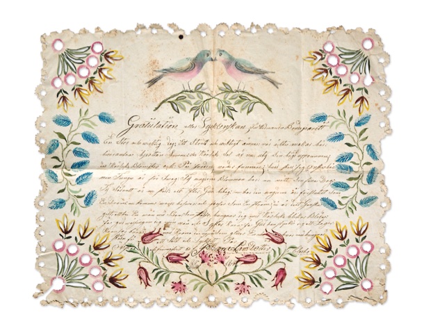 LARSDOTTER, JOHANNA: - [FELICITATION WEDDING]. [Hand written and hand painted congratulations letter to the bride and groom]. Glasbo, 1841.