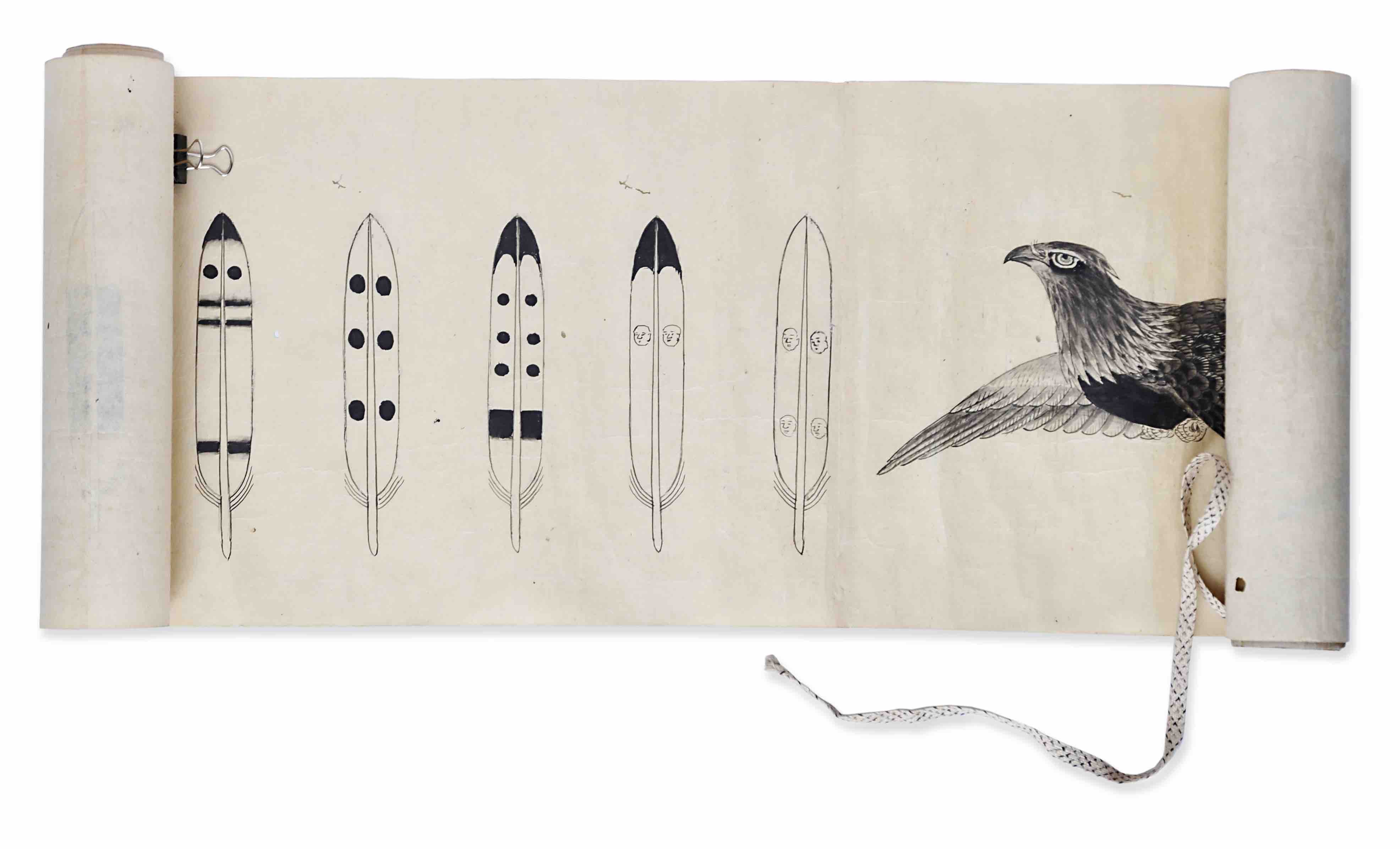 [JAPANESE FEATHERS FROM EDO-PERIOD]. - [Hand-painted manuscript scroll of different types of feather (or fletching) used in the traditional Japanese arrow making]. About mid or late 18th century.