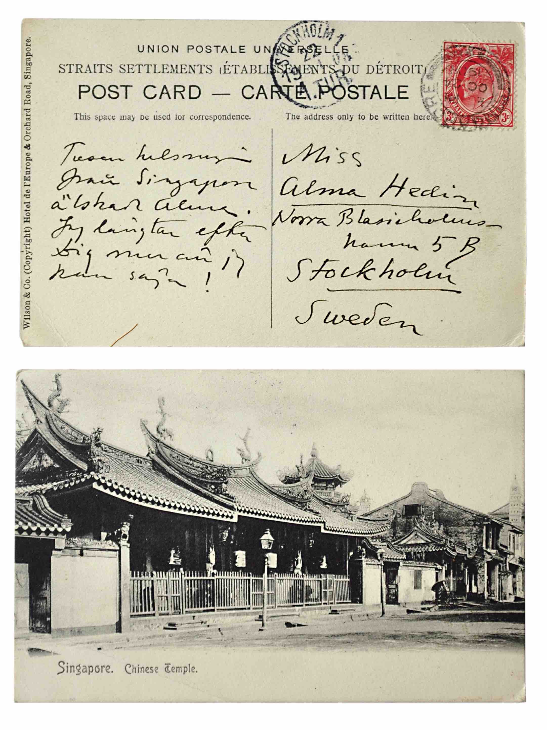 HEDIN, SVEN: - [Two postcards sent from Singapore]. Dated October 24, 1908.