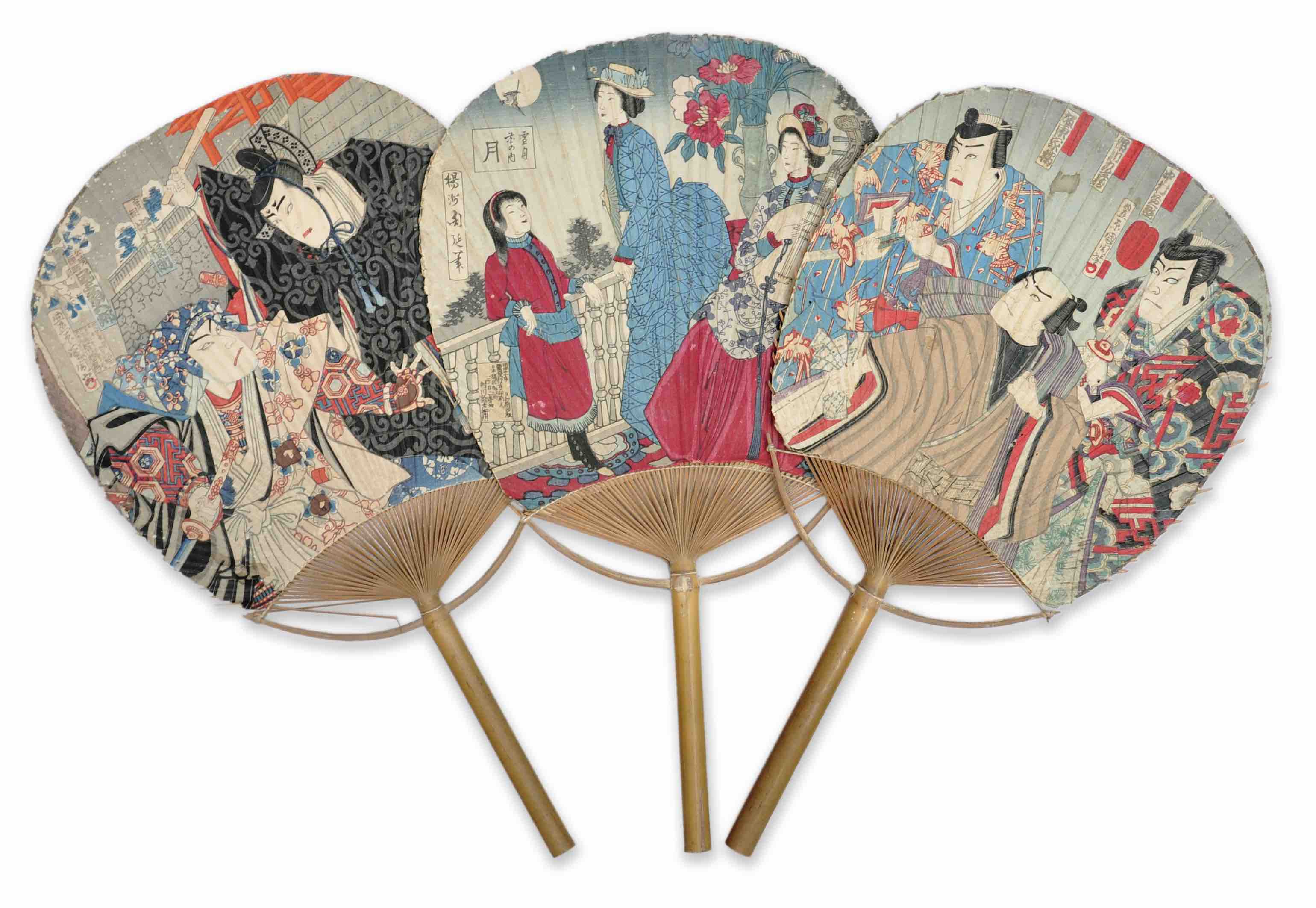 JAPANESE PAPER FANS]. -  [Three ukiyo-e woodblock-printed paper fans depicting kabuki actors and one with three ladies in Western clothing]. Published by Murakawa Soemon in Tokyo. 1888, 1892 and 1893.