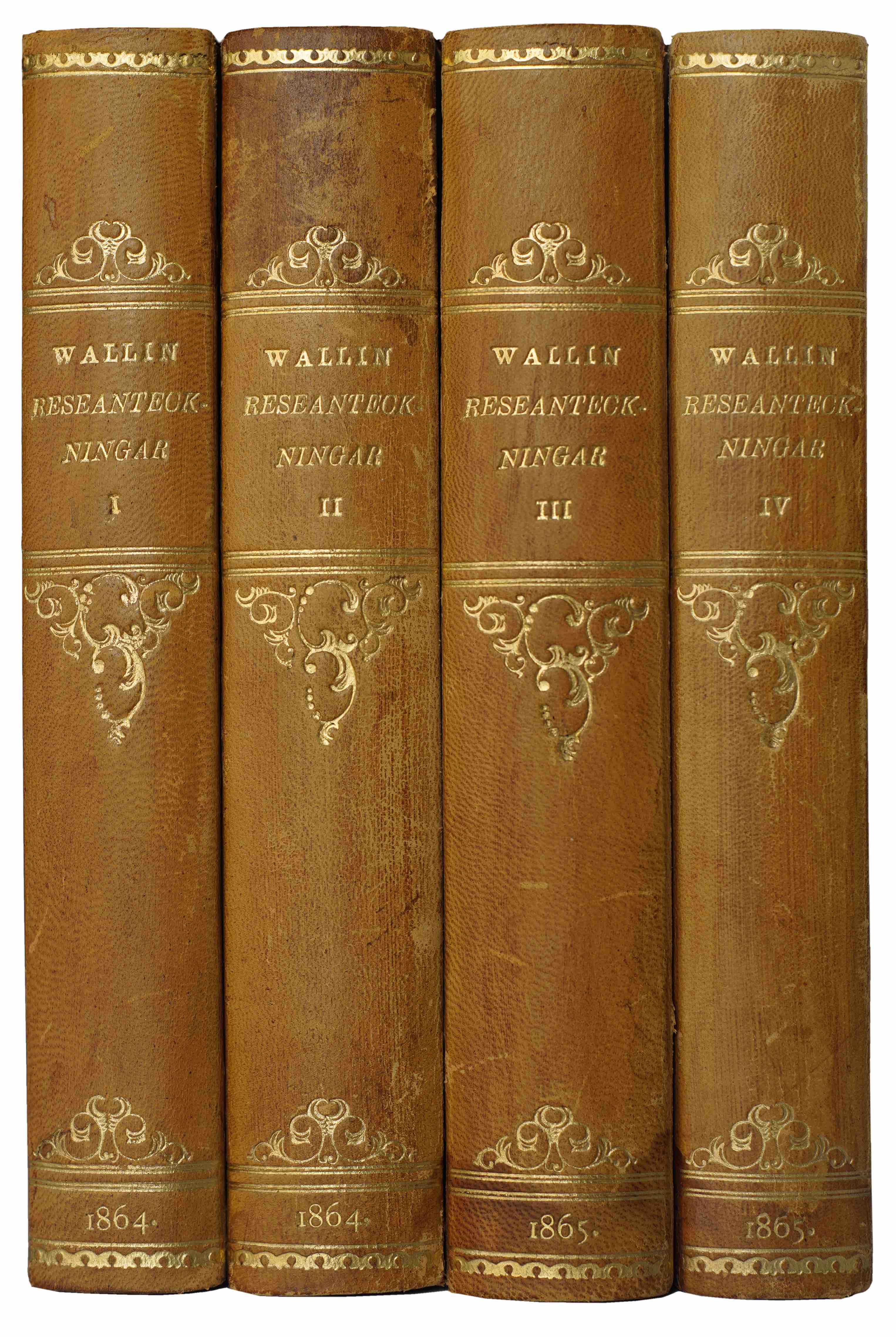 WALLIN, GEORG AUGUST & ELMGREN, S.G. (Ed.): - Reseanteckningar frn Orienten ren 1843-1849. Dagbok och bref, efter resandens dd utgifna. Four volumes. Helsingfors, Frenckell & Son, 1864 - 1866.