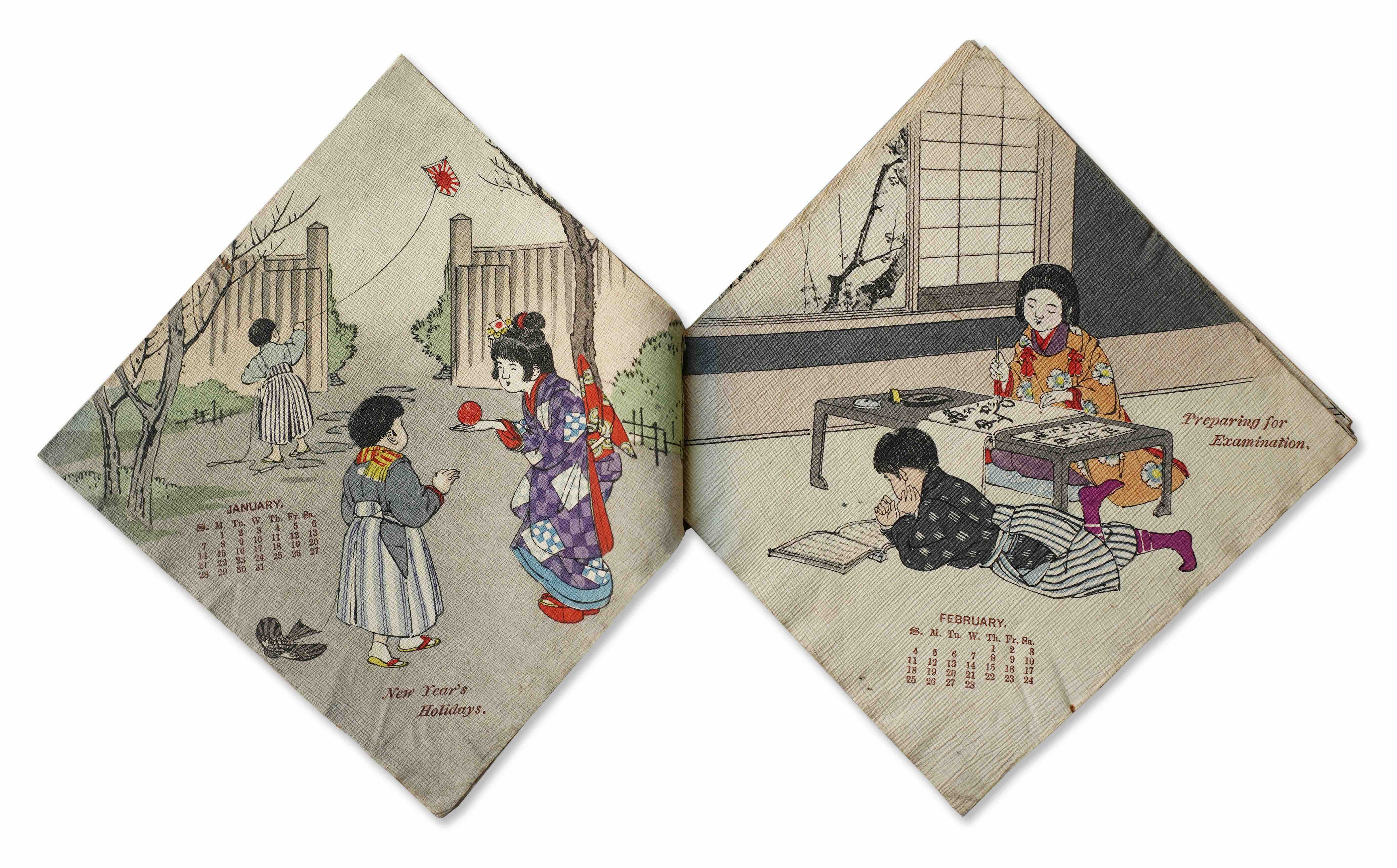 HASEGAWA TAKEJIRO (Publ.): - [JAPANESE CRPE PAPER CALENDAR]The Months of Japanese children for 1906. Tokyo 1905.