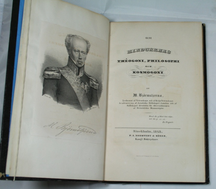 BJRNSTJERNA (BJORNSTJERNA, BJOERNSTJERNA), MAGNUS: -  Om hinduernas thogoni, philosophi och kosmogoni. Stockholm, Norstedt & Sner, 1843.